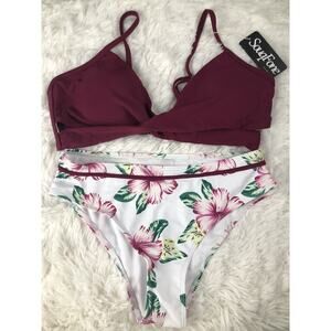 SouqFone Swimsuits Front twist V neck w/Low Waisted Bottom Bikini Bathing Suit L